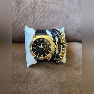 Tahari Mens Watch And Bracelets Set Cross Beads New Black Gold